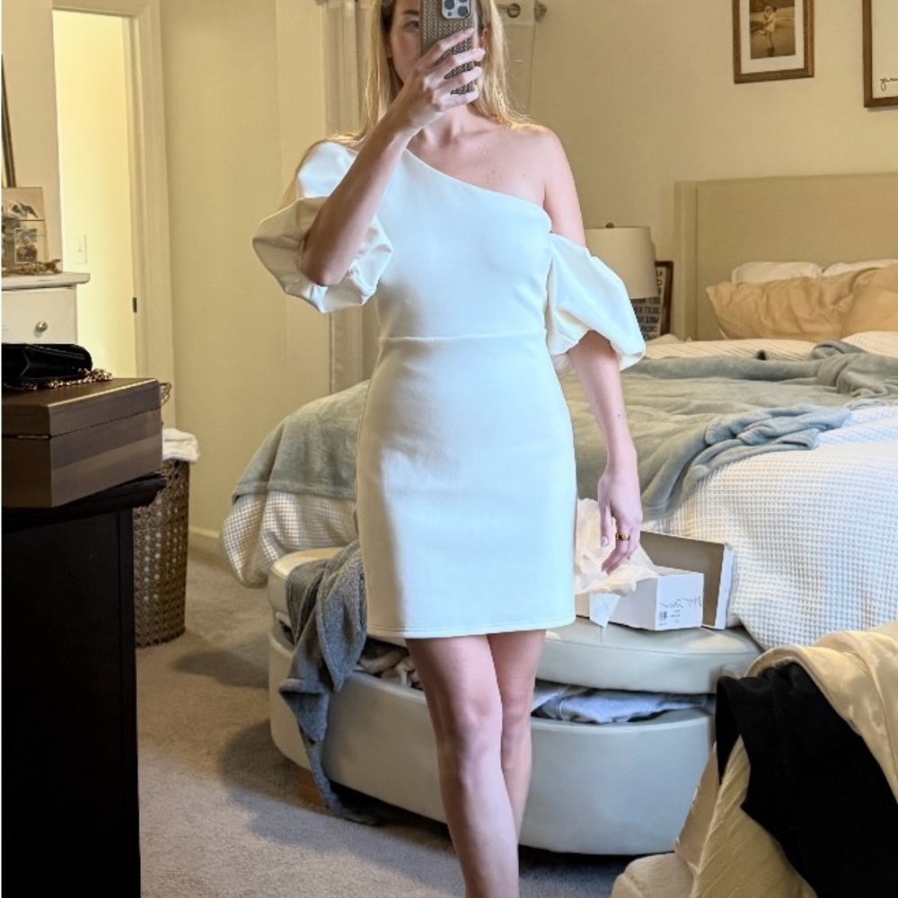 Lena White One-Shoulder Puff Sleeve Cocktail Dress